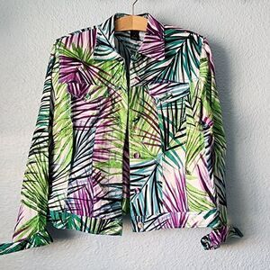 Margaret Frances 100% linen long sleeve front buttons palm leaves print jacket